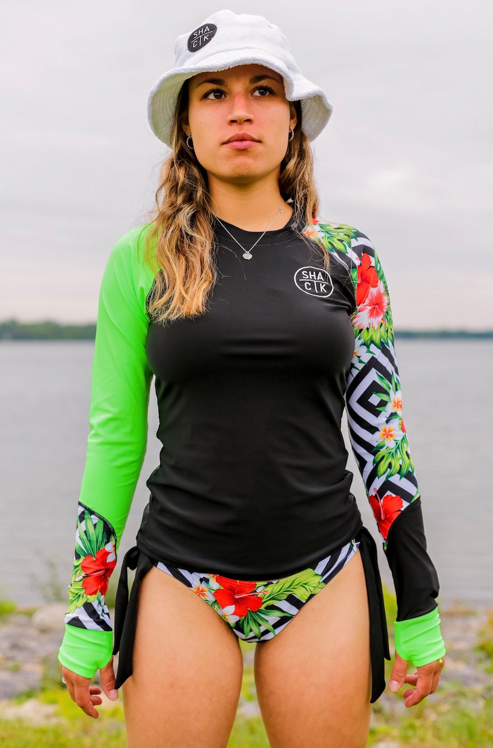 Lime Green With Flowers – 2-Piece Rashguard | made from recycled bottles